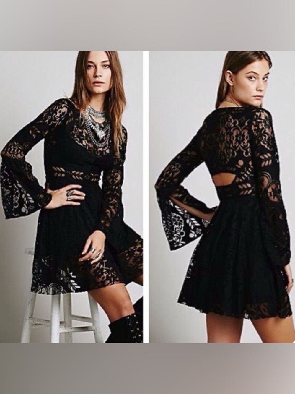 Free People Black Lace Lovers Folk Song Dress Fairy Goth Witchy Size 4